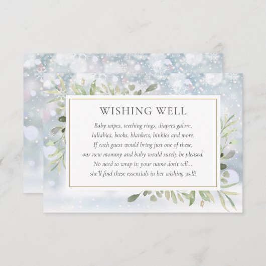 冬の緑のベビーシャワー ウィッシングウェル エンクロージャーカード (正面/裏面)
