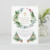 冬の緑のベリーコーン金ゴールドクロスバプテスマ 招待状 (スタンド正面)