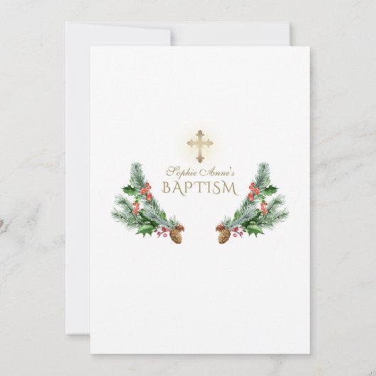 冬の緑のベリーコーン金ゴールドクロスバプテスマ 招待状 (裏面)