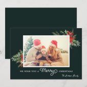 冬の緑のホリデー フォト クリスマス カード (正面/裏面)