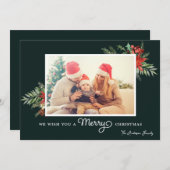 冬の緑のホリデー フォト 挨拶カード シーズンカード (正面/裏面)