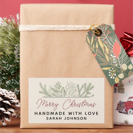 冬の緑のメリークリスマスハンドメイド 長方形シール (クリスマス)