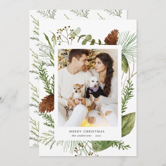 冬の緑のメリークリスマスフォトカード シーズンカード (正面/裏面)