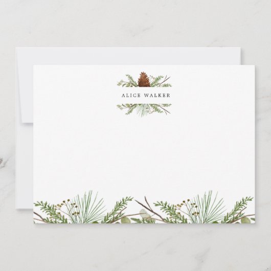 冬の緑のモノグラムエレガントノートカード ノートカード (正面)