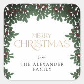 冬の緑のヤドリギのクリスマス スクエアシール (正面)