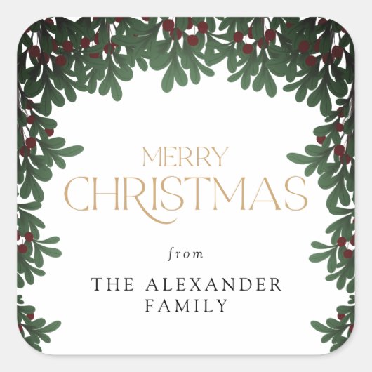 冬の緑のヤドリギのクリスマス スクエアシール (正面)