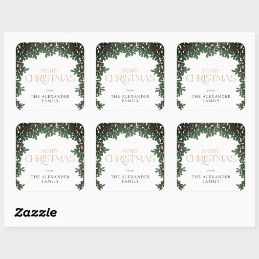 冬の緑のヤドリギのクリスマス スクエアシール (シート)
