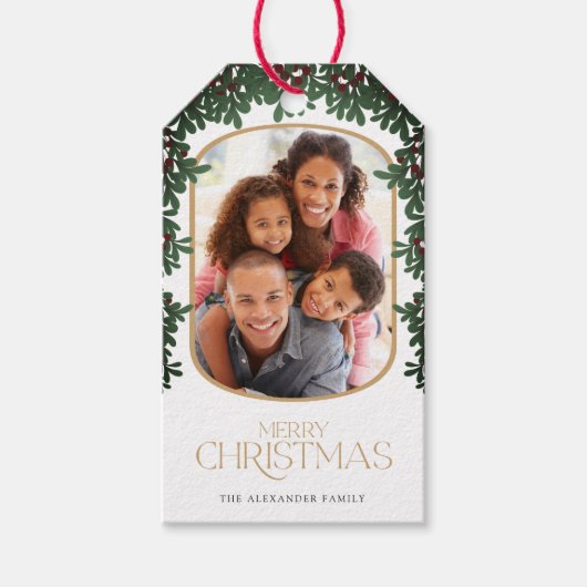 冬の緑のヤドリギ丸い写真クリスマス ギフトタグ (正面)