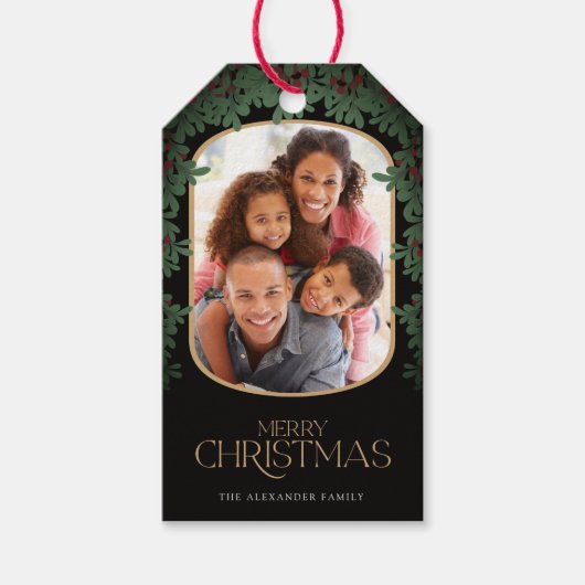 冬の緑のヤドリギ丸い写真クリスマス ギフトタグ (正面)