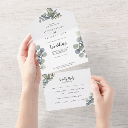 冬の緑のユーカリ結婚プトゥス オールインワン招待状 (貼ってはがせる)