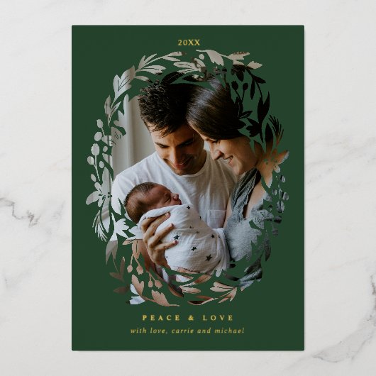 冬の緑のリースフレーム 箔シーズンカード (正面)