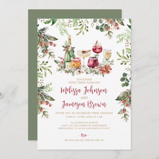 冬の緑のリースミストレトークリスマス結婚ズ 招待状 (正面/裏面)
