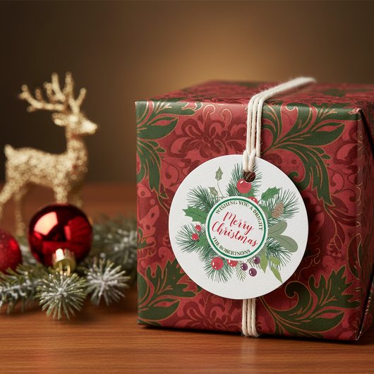 冬の緑のリースメリークリスマス フェイバータグ