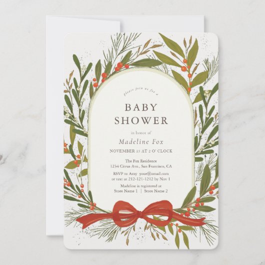 冬の緑のリースレッドボウガールベイビーシャワー 招待状 (正面)