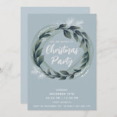 冬の緑のリース企業のクリスマスパーティー 招待状 (正面/裏面)