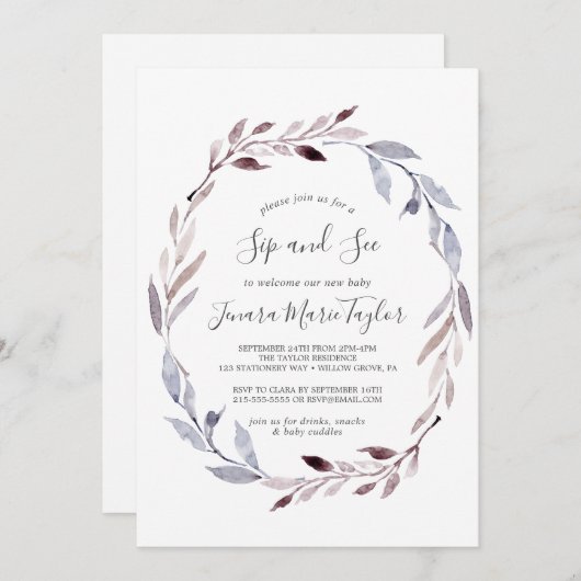 冬の緑のリースsipと参照 招待状 (正面/裏面)