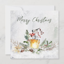 冬の緑のレッドベリーバードクリスマスカード カード