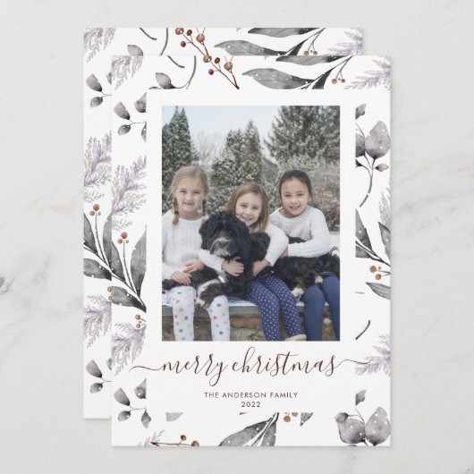 冬の緑の写真メリークリスマスカード シーズンカード (正面/裏面)