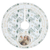 冬の緑の家族の写真宗教的なクリスマス ブラッシュドポリエステルツリースカート (正面)