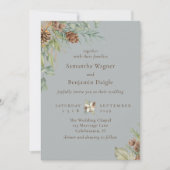 冬の緑の松の灰色エレガントな結婚式 招待状 (正面)