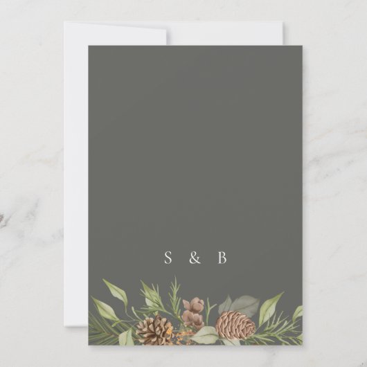 冬の緑の松の石の灰色エレガントな結婚式 招待状 (裏面)