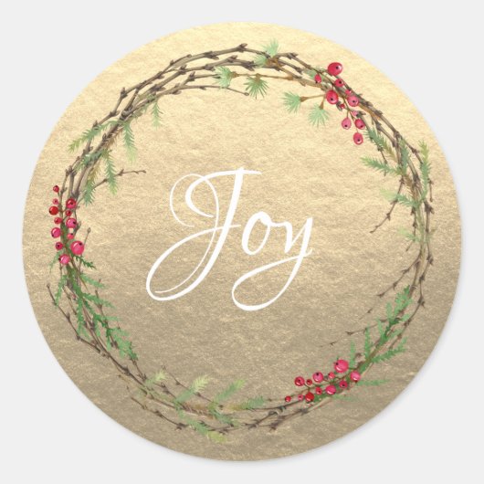 冬の緑の果実リースクリスマスジョイ金ゴールド ラウンドシール (正面)