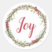 冬の緑の果実リースクリスマスジョイ ラウンドシール (正面)