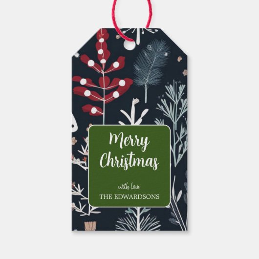 冬の緑の植物性メリークリスマス ギフトタグ (正面)