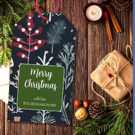 冬の緑の植物性メリークリスマス ギフトタグ