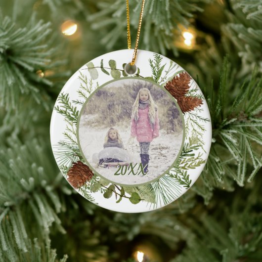 冬の緑の水の色の両面写真 セラミックオーナメント (ツリー)