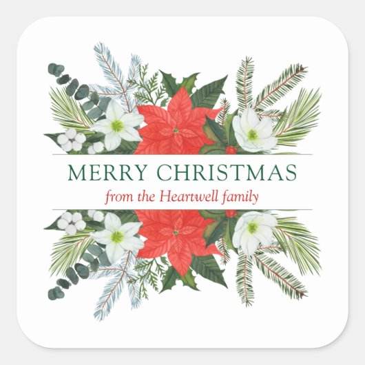 冬の緑の水の色フローラメリークリスマス スクエアシール (正面)