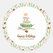 冬の緑の水色クリスマスツリーギフトラベル ラウンドシール (正面)