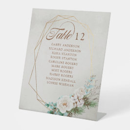 冬の緑の白いバラ結婚のテーブル席 台座サイン