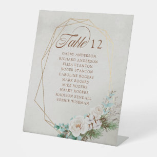 冬の緑の白いバラ結婚のテーブル席 台座サイン