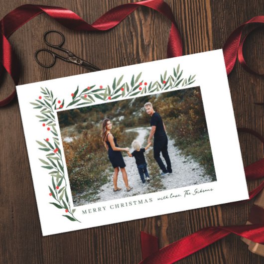 冬の緑の白い写真クリスマス シーズンカード