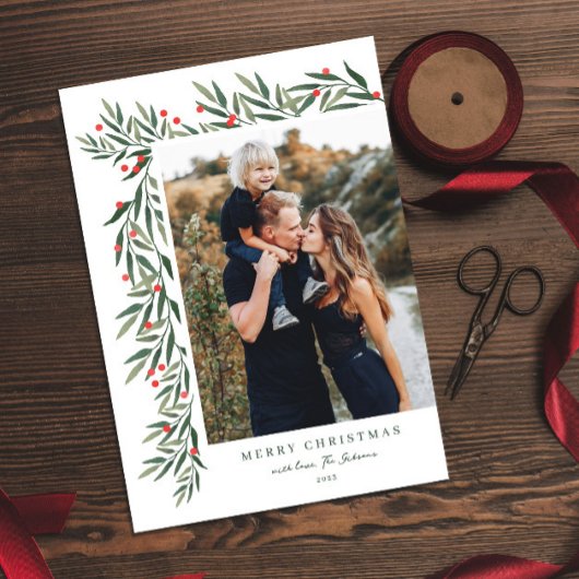 冬の緑の白い写真クリスマス シーズンカード