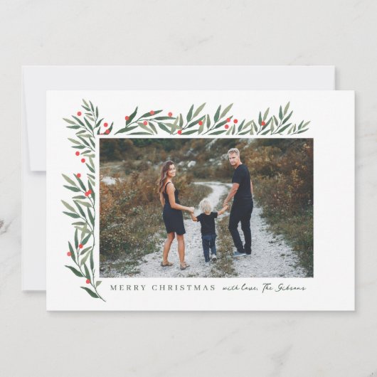 冬の緑の白い写真クリスマス シーズンカード (正面)