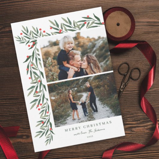 冬の緑の白2写真クリスマス シーズンカード
