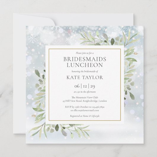 冬の緑の花嫁ランチョンスクエア 招待状 (正面)