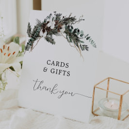 冬の緑の花束カードとギフトサイン 台座サイン