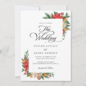 冬の緑の葉のクリスマスホリデーウェディング 招待状 (正面)