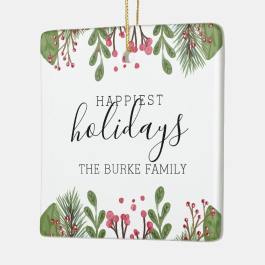 冬の緑の葉の写真 セラミックオーナメント (左)