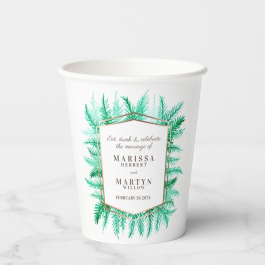 冬の緑の葉の水の色結婚の 紙コップ (裏面)