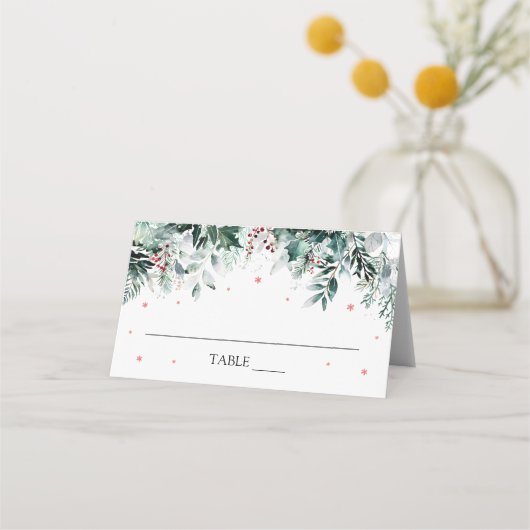 冬の緑の葉の赤い雪の結晶座席表 プレイスカード (正面)