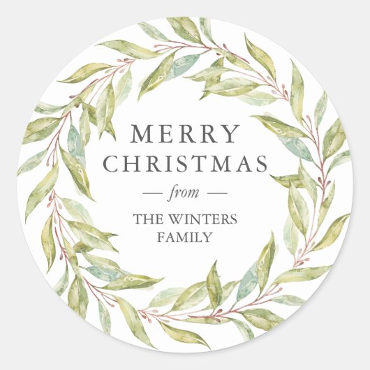 冬の緑の葉リースクリスマス ラウンドシール (正面)