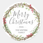 冬の緑の葉果実リースクリスマス ラウンドシール (正面)