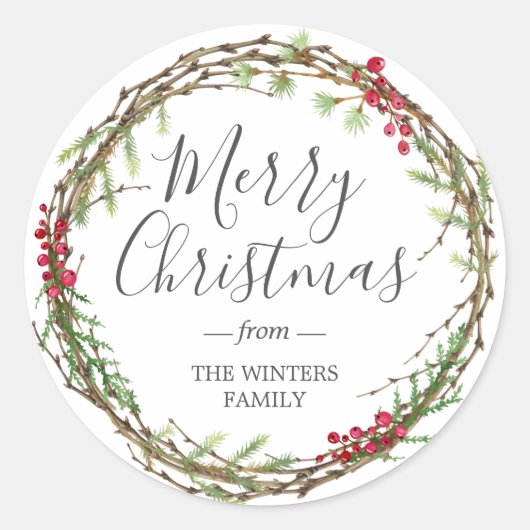 冬の緑の葉果実リースクリスマス ラウンドシール (正面)