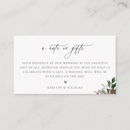 冬の緑の贈り物に関する結婚メモ エンクロージャーカード (正面)