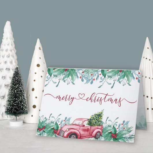 冬の緑の赤いトラックの水の色ガーランド シーズンカード