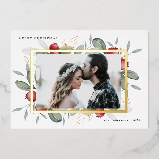 冬の緑の赤い果実のホリデーフォイルカード 箔シーズンカード (正面)